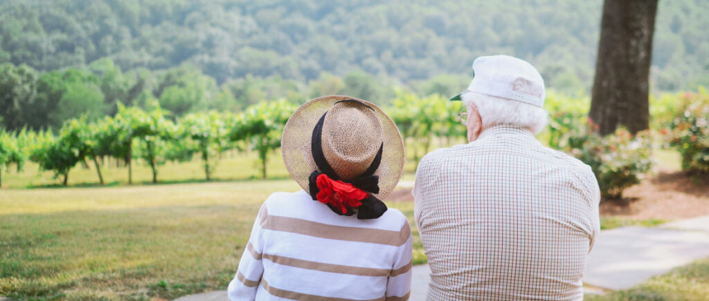 back of a couple sitting in a park looking out at the view