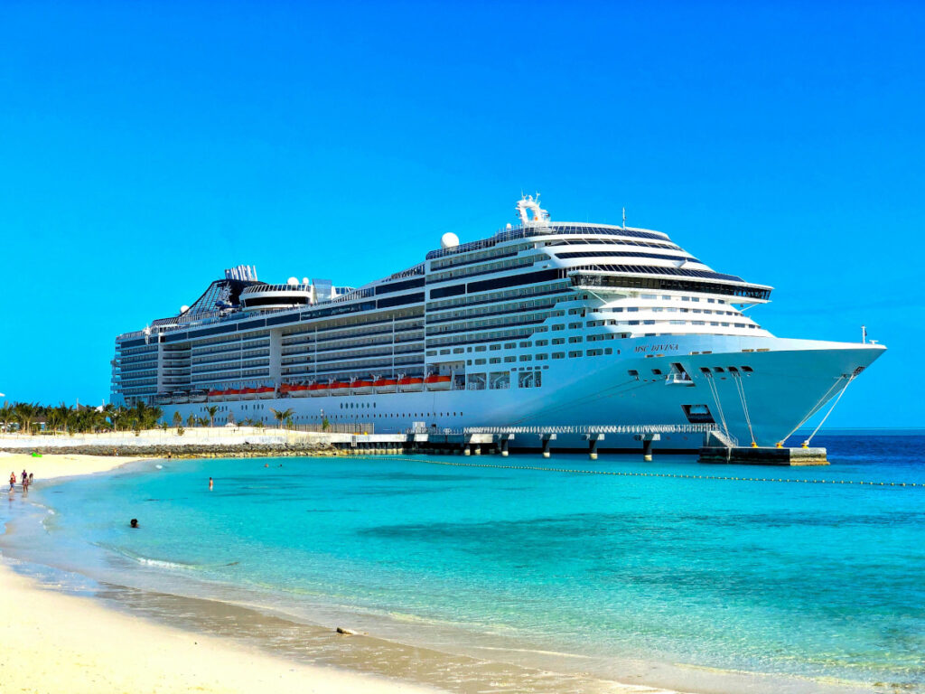 A cruise ship in blue caribbean water
