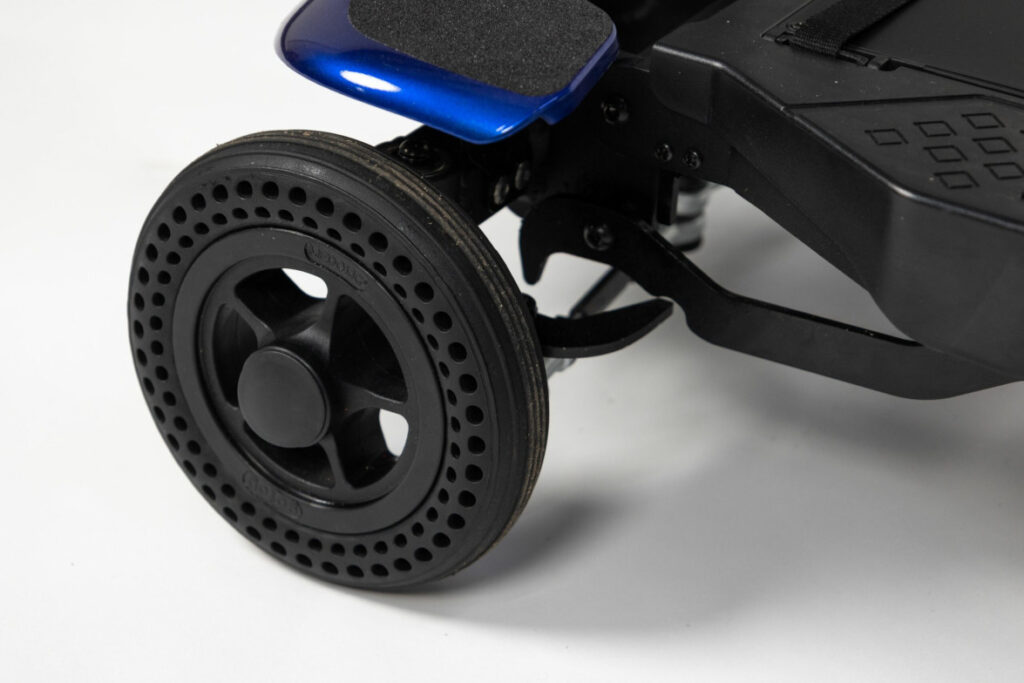 Close up of a wheel on the Genie mobility scooter