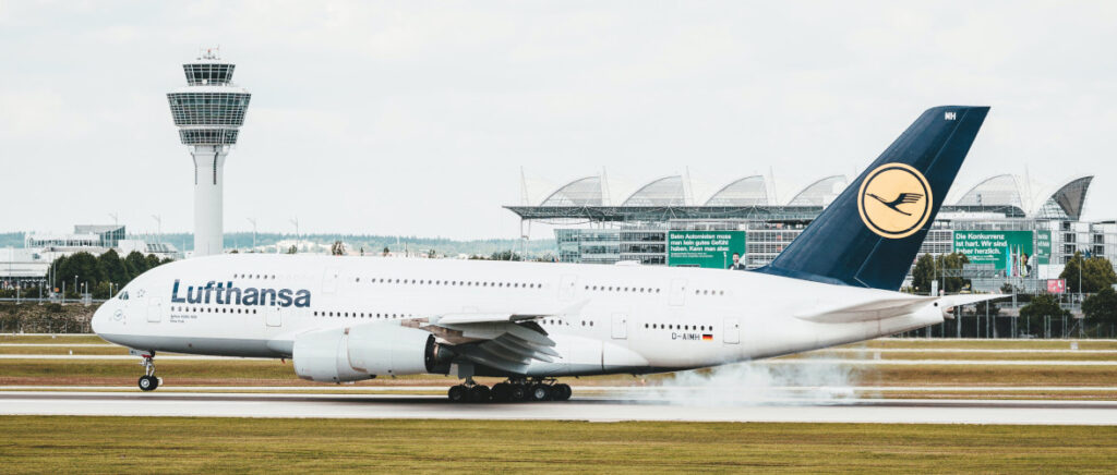 An aeroplane landing on a runway