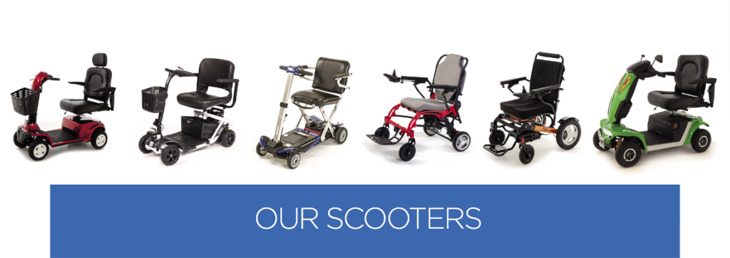 Our range of mobility scooters and powerchairs in a line
