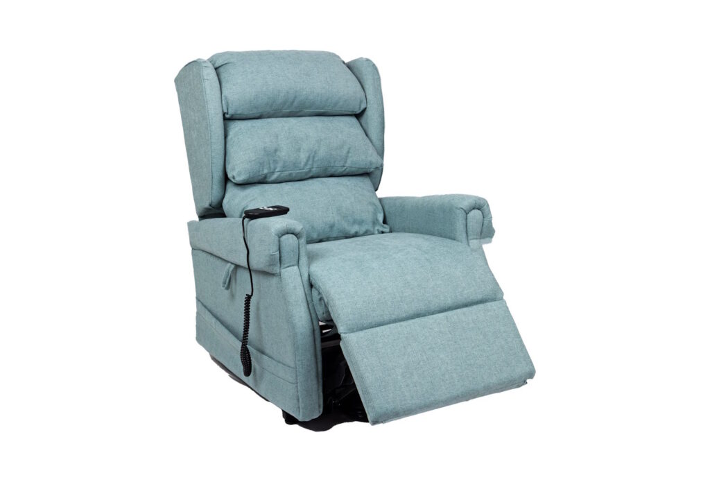 front view of the light blue rise and recline chair
