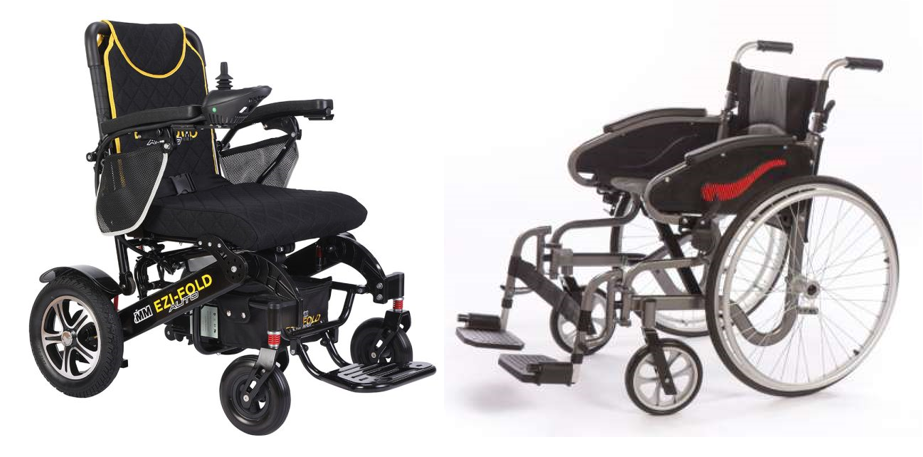 A powerchair and wheelchair side by side