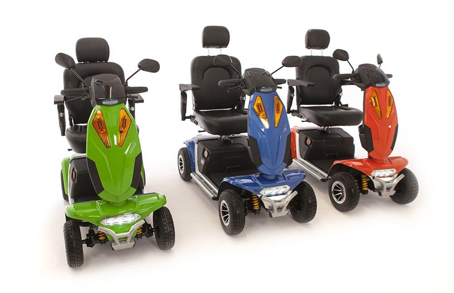 green, blue and red Vogue XL mobility scooters